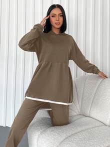 SHEIN Cottnline Thả vai Peplum Hem Áo Hoodie & Quần thể thao - màu nâu - Xem 3
