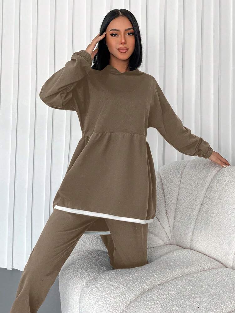SHEIN Cottnline Thả vai Peplum Hem Áo Hoodie & Quần thể thao - màu nâu - Xem 3