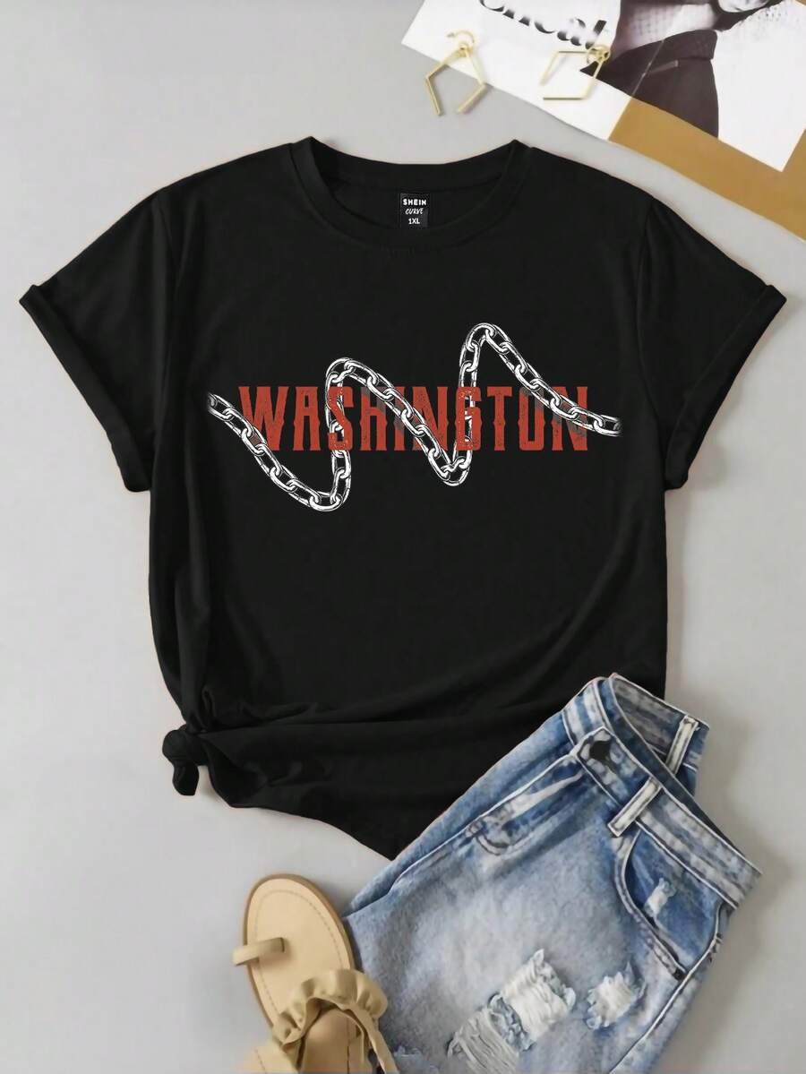 Flirla Plus Chain & Slogan Graphic Tee - Black - View 1