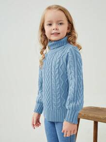 SHEIN Young Girl Turtleneck Cable Knit Sweater - Blue - View 4