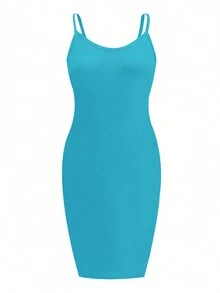 Calvaya Của phụ nữ Đơn giản Màu thuần Kích thước lớn Váy Dây - Màu xanh nhạt - Xem 4