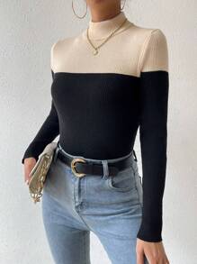 Chiquease Women's Color Block High Neck Knit Pullover Fall Winter Sweater - Apricot - View 4