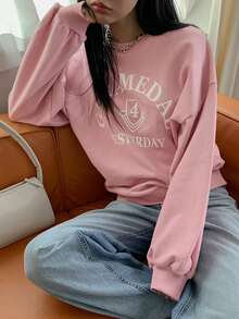 Dazy Tall Women's Letter Printed Round Neck Sweatshirt - Pink - View 8