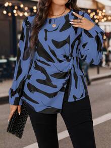 Calvaya Camisa patrón con estampado fruncido - Azul - Ver 3