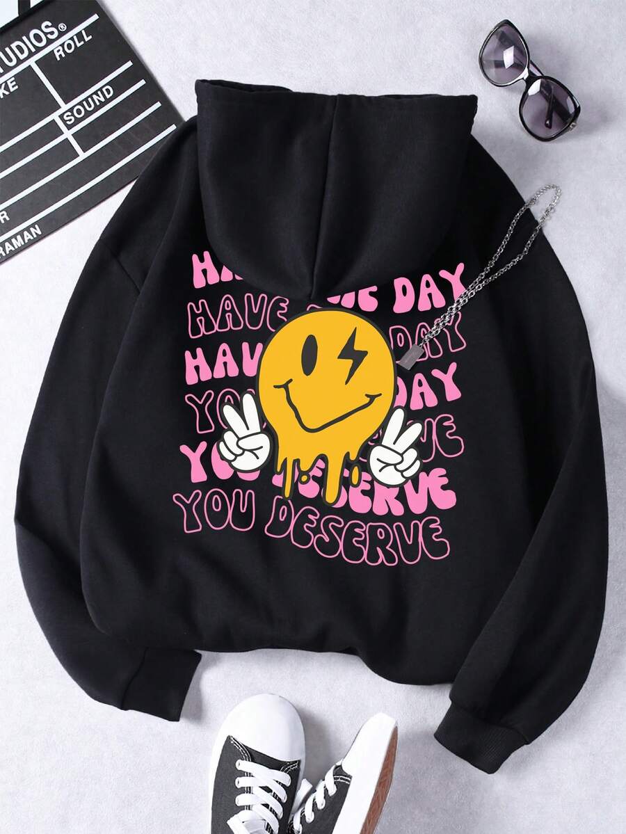 SHEIN EZwear 加大码女式卡通字母印花卫衣 - 黑色 - 查看 1