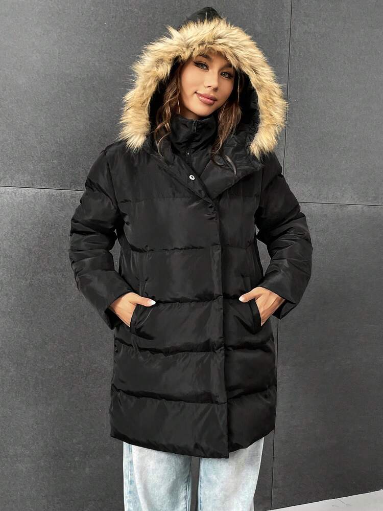 Fuzzy Trim Hooded Padded Coat