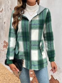 SHEIN LUNE Women's Plaid Printed Zippered Hooded Woolen Jacket - Multicolor - View 4