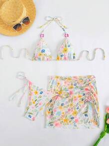 Swim Mod Summer 3pcs Floral Print Bikini Set With Side Tied Straps, Drawstring Design Cover-Up Skirt - Multicolor - View 3