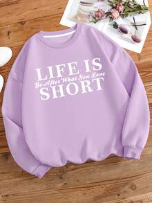 SHEIN EZwear Của phụ nữ Kích thước lớn Lông cừu Áo nỉ Với In Khẩu hiệu - Màu tím - Xem 4