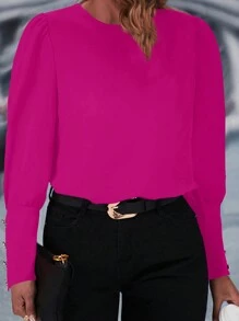 SHEIN LUNE 大尺碼圓領蓬蓬袖紐扣細節襯衫 - 玫瑰紅 - 查看 3