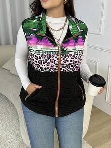 EMERY ROSE 大码豹纹印花和热带印花加垫背心羽绒夹克 - 紫色 - 查看 7