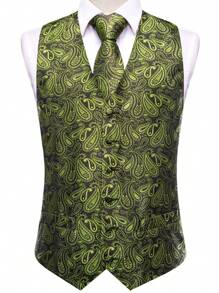 Men Green Printed Single-Breasted Suit Vest - Green - View 6
