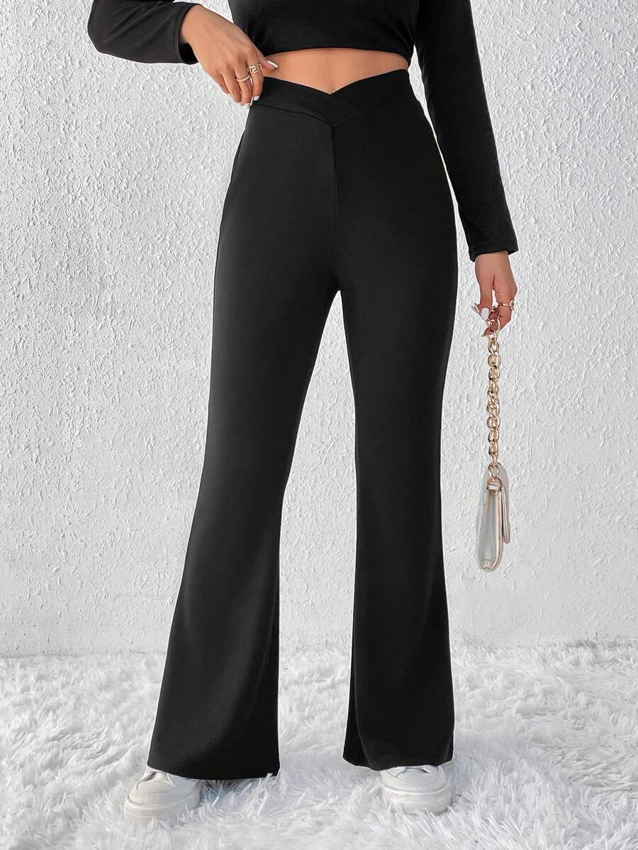SHEIN Essnce Chất rắn Quần ống loe - màu đen - Xem 1
