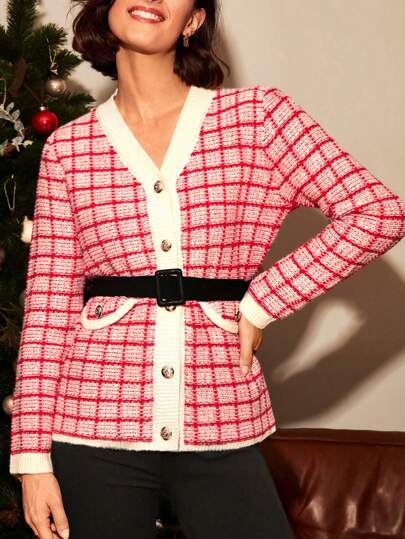 SHEIN Frenchy Cárdigan Navidad con patrón de cuadros con botón delantero sin cinturón