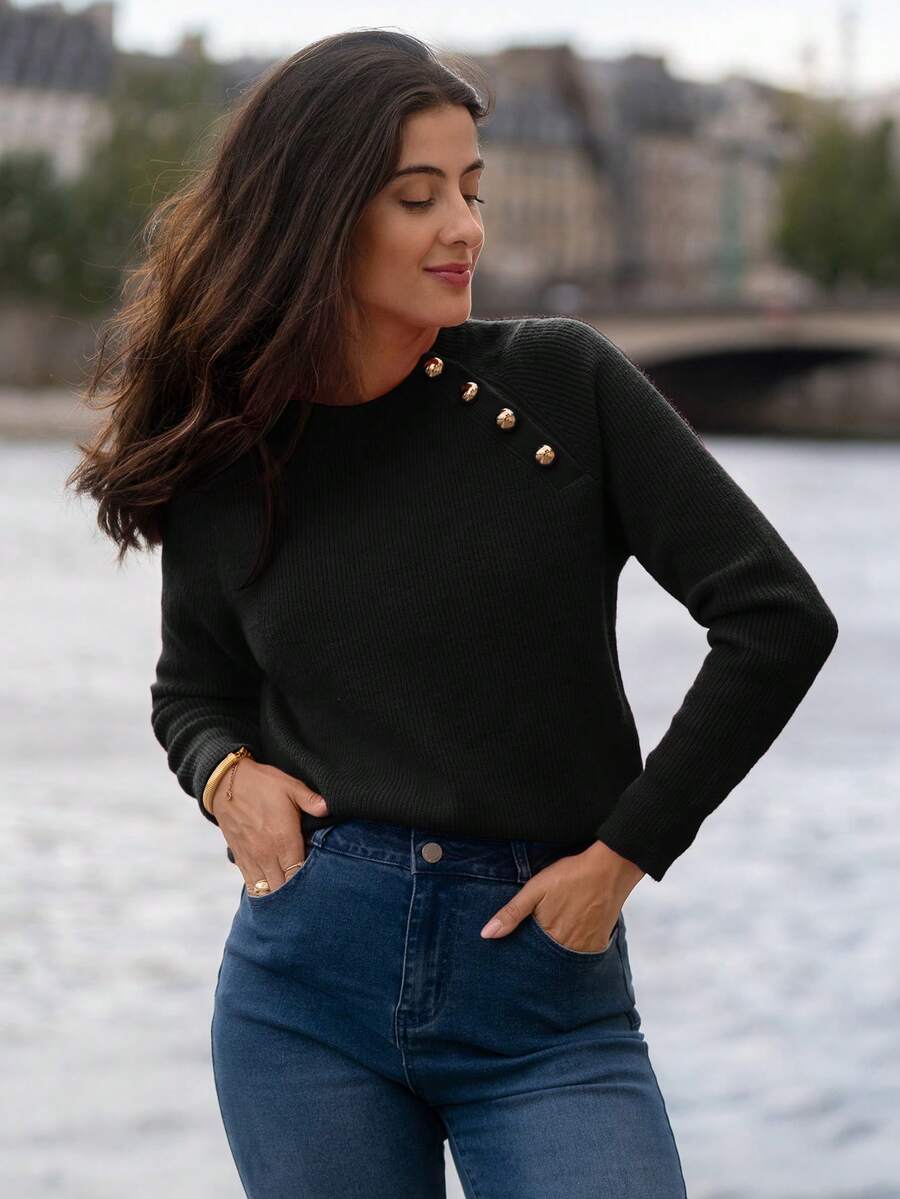 SHEIN Frenchy Button Detail Raglan Sleeve Sweater - Black - View 1