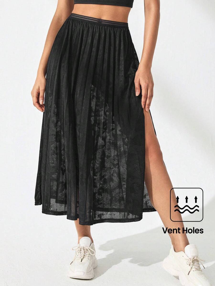 Lifespree Solid Split Thigh Pleated Mesh Overlay Skirt - Black - View 1