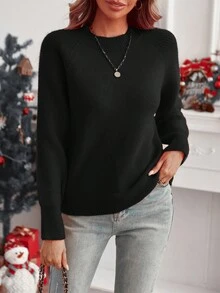 SHEIN LUNE 女士純色拉格蘭袖毛衣 - 黑色 - 查看 3