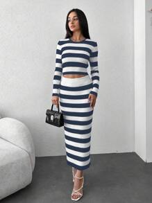 EURMUSE Women's Striped Sweater + Mid Length Skirt Two Piece Set - Multicolor - View 5