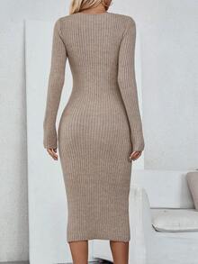 SHEIN Privé Lace Up Front Ribbed Knit Sweater Dress - Khaki - View 2