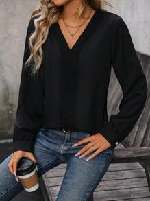 SHEIN Clasi Của phụ nữ Cổ chữ V Ren Vá lại Áo sơ mi - màu đen - Xem 1