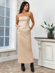 SHEIN Privé Women's Tube Top Back Slit Dress - Khaki - View 5