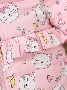 SHEIN Baby Girl Cartoon Graphic Ruffle Trim Hooded Coat - Pink - View 7