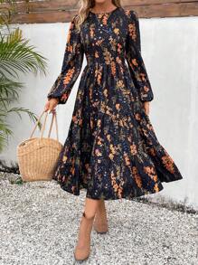 SHEIN VCAY Váy xếp nếp tay đèn lồng họa tiết hoa - màu đen - Xem 5
