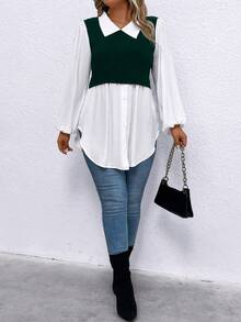 Calvaya Plus Size Women's Color Block Lantern Sleeve Patchwork Top - Green - View 5