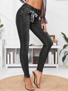 EURMUSE Washed Skinny Denim Jeans - Dark Grey - View 4