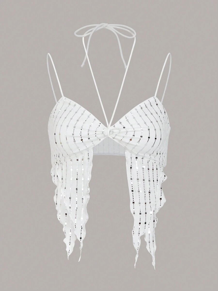 SHEIN ICON Sequin Asymmetrical Hem Cami Top - White - View 1