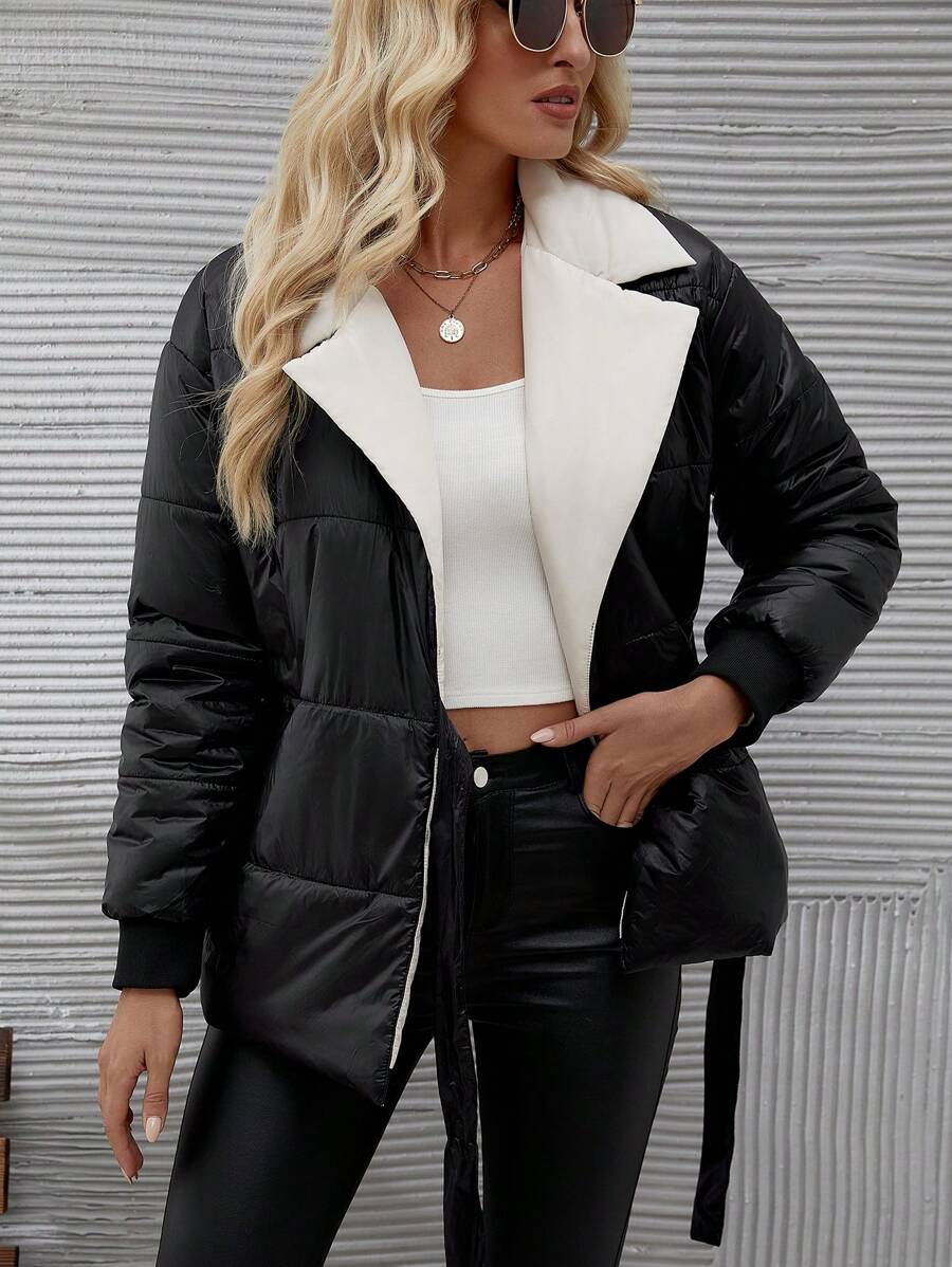 SHEIN LUNE 撞色翻领系腰加厚棉服外套冬季