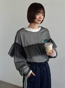 FRIFUL Lace Mesh Sheer Women's Top - Black - View 8