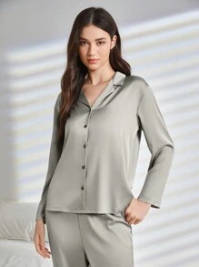 Ocili 女士緞面布襯衫和長褲睡衣套裝 - 杏色 - 查看 6