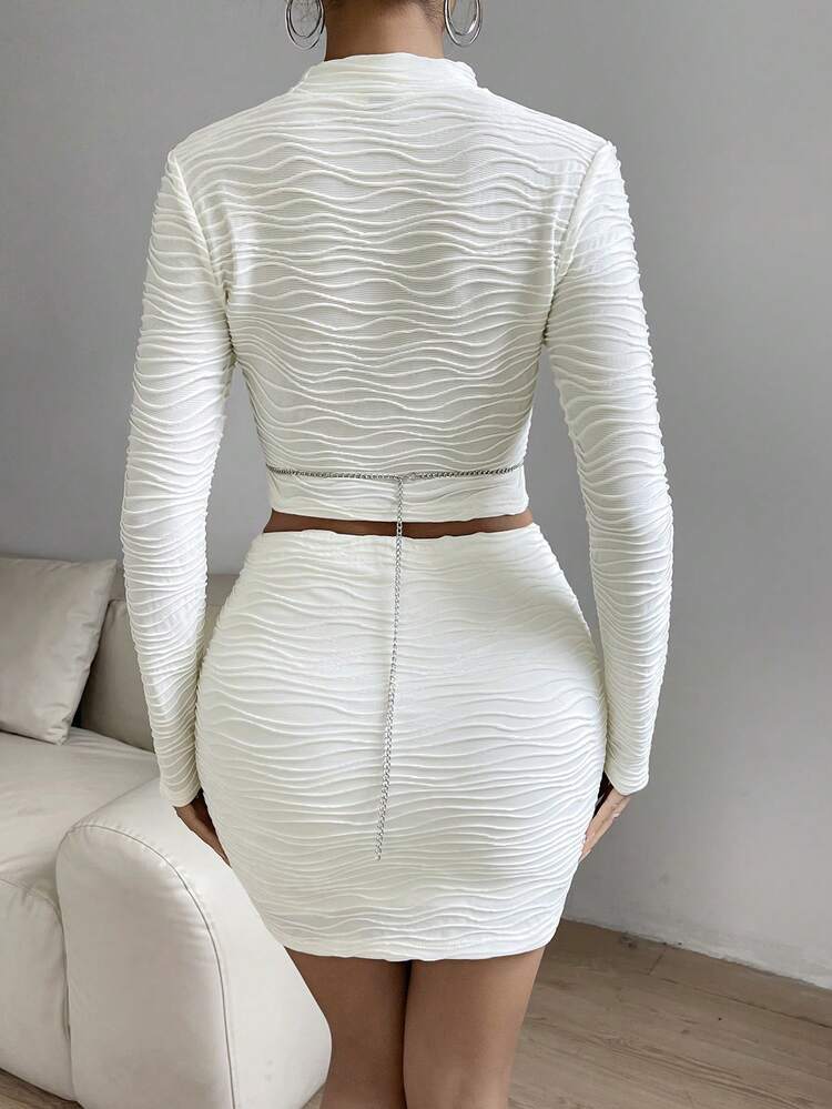 Plain Half Turtleneck Top And Skirt Set