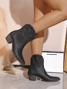 時尚尖頭、厚底、編織細節、西部風格、中筒女休閒靴 - 黑色 - 查看 4
