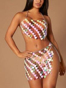 SHEIN SXY Đồ trang trí tấm lóng lánh Áo hai dây & Nút ven Bộ váy - Hồng - Xem 1