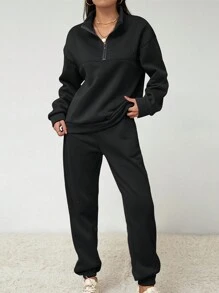 SHEIN EZwear Women's Solid Color Sweatshirt And Sweatpants Two-piece Set - Black - View 1