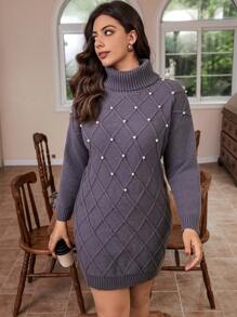 Calvaya Plus Pearls Beaded Turtleneck Drop Shoulder Sweater Dress Winter Fall Autumn - Grey - View 3