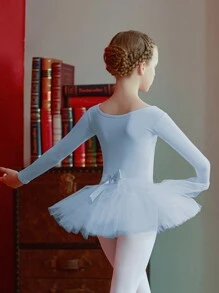 1入組年輕女孩芭蕾舞連身衣，長袖舞蹈裙，芭蕾舞演出練習服裝表演服裝，蕾絲束腰及蕾絲紗裙 - 藍色 - 查看 2