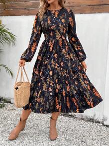 SHEIN VCAY Váy xếp nếp tay đèn lồng họa tiết hoa - màu đen - Xem 4
