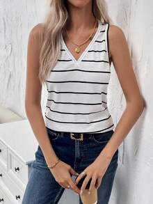 SHEIN LUNE Của phụ nữ Sọc Cổ chữ V Áo vest - Đen và trắng - Xem 5