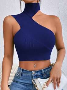SHEIN Privé Của phụ nữ Xu hướng: Cắt giảm Mùa vụ Đồ đan Ribbed Áo - Xanh đậm - Xem 1