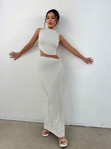 SHEIN Unity Mock Neck Tank Top & Pencil Skirt - Light Grey - View 5