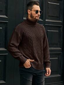 Manfinity Homme Men's High Collar Cable Knit Sweater - Chocolate Brown - View 4
