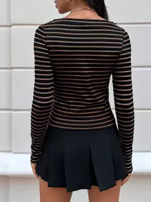 Women's Asymmetrical Neck Long Sleeve Striped T-Shirt - Yellow - View 2
