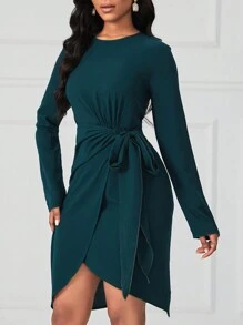 SHEIN Lady Quý cô Màu thuần Áo choàng mặt trước Knotted Đầm - Màu xanh lá cây đậm - Xem 4