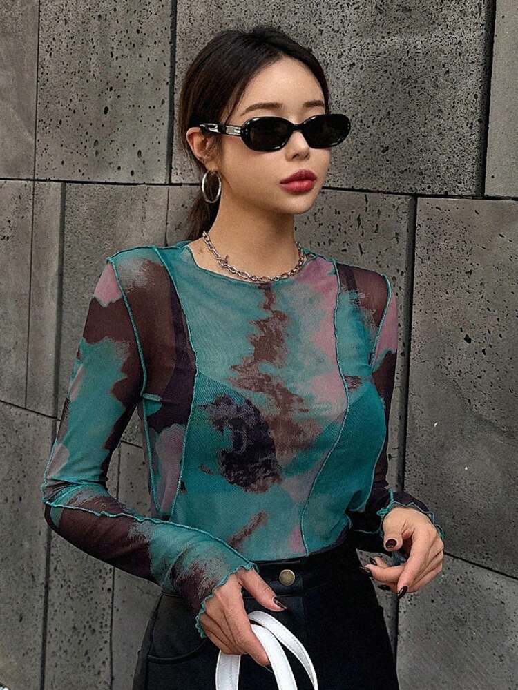 Tie-Dye See-Through Top Sheer Long Sleeve Women Tops,Fall Women Clothes