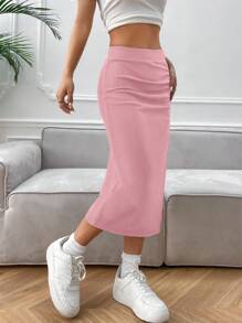 SHEIN Clasi Women's High Split Mid-length Skirt - Pink - View 4