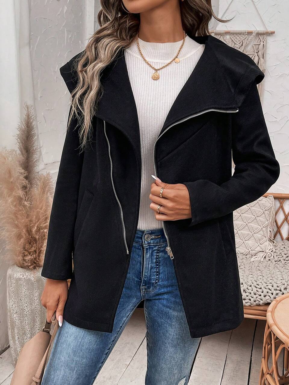 Women's Zippered Woolen Jacket