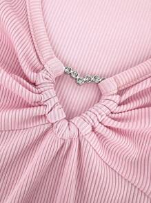 SHEIN Unity 女式纯色V领插肩袖金属环装饰紧身衣 - 粉色 - 查看 5